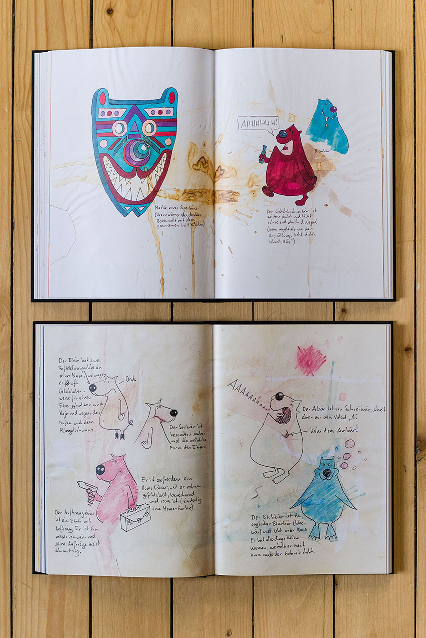 Das Bärenbuch aufgeschlagen - Das Bärenbuch, lustige Wortwitze mit Bären im Cartoon und Comicstil von Künstler, Illustrator und Autor Markus Wülbern